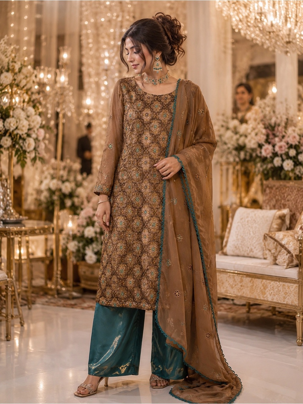 Embroidered Brown Kurta with Teal Wide-Leg Trousers